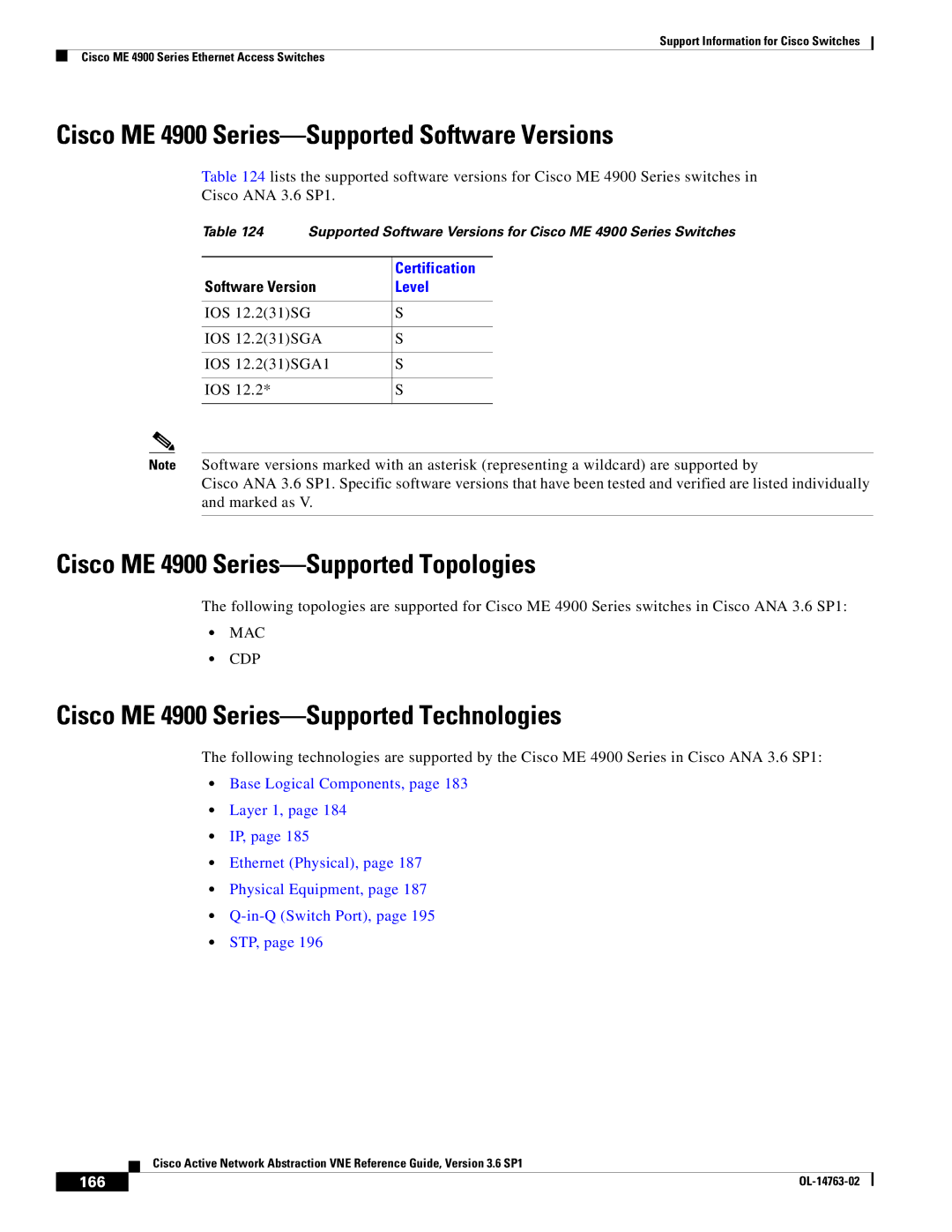 Cisco Systems OL-14763-02 Cisco ME 4900 Series-Supported Software Versions, Cisco ME 4900 Series-Supported Topologies, 166 