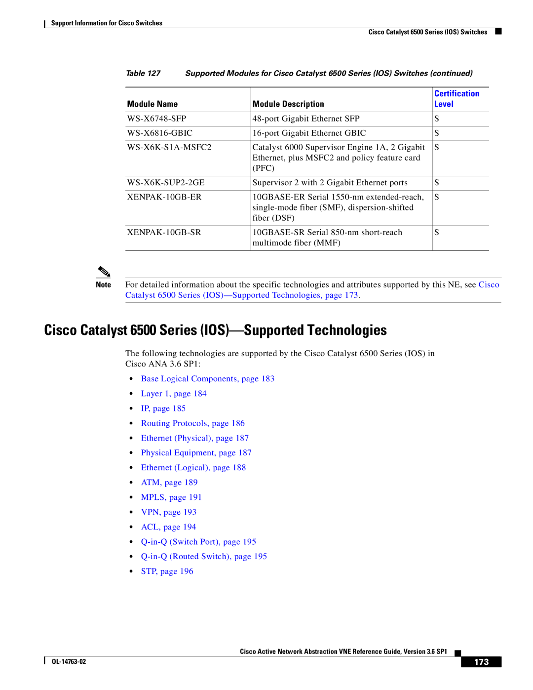 Cisco Systems OL-14763-02 manual Cisco Catalyst 6500 Series IOS-Supported Technologies, 173 