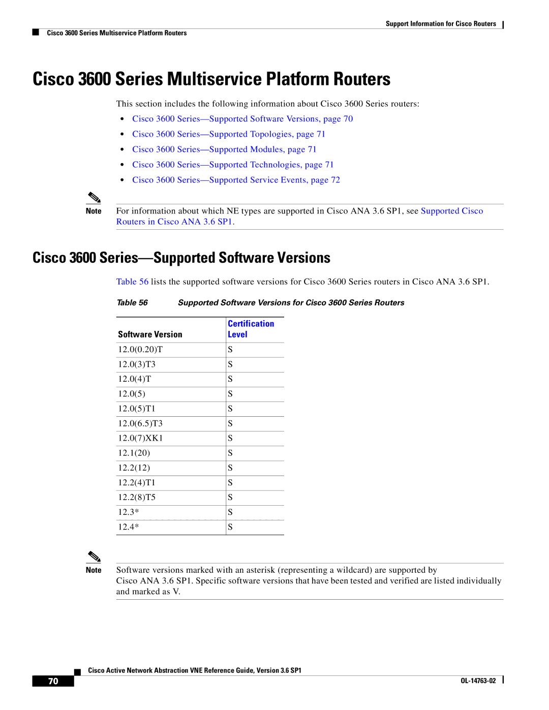 Cisco Systems OL-14763-02 Cisco 3600 Series Multiservice Platform Routers, Cisco 3600 Series-Supported Software Versions 