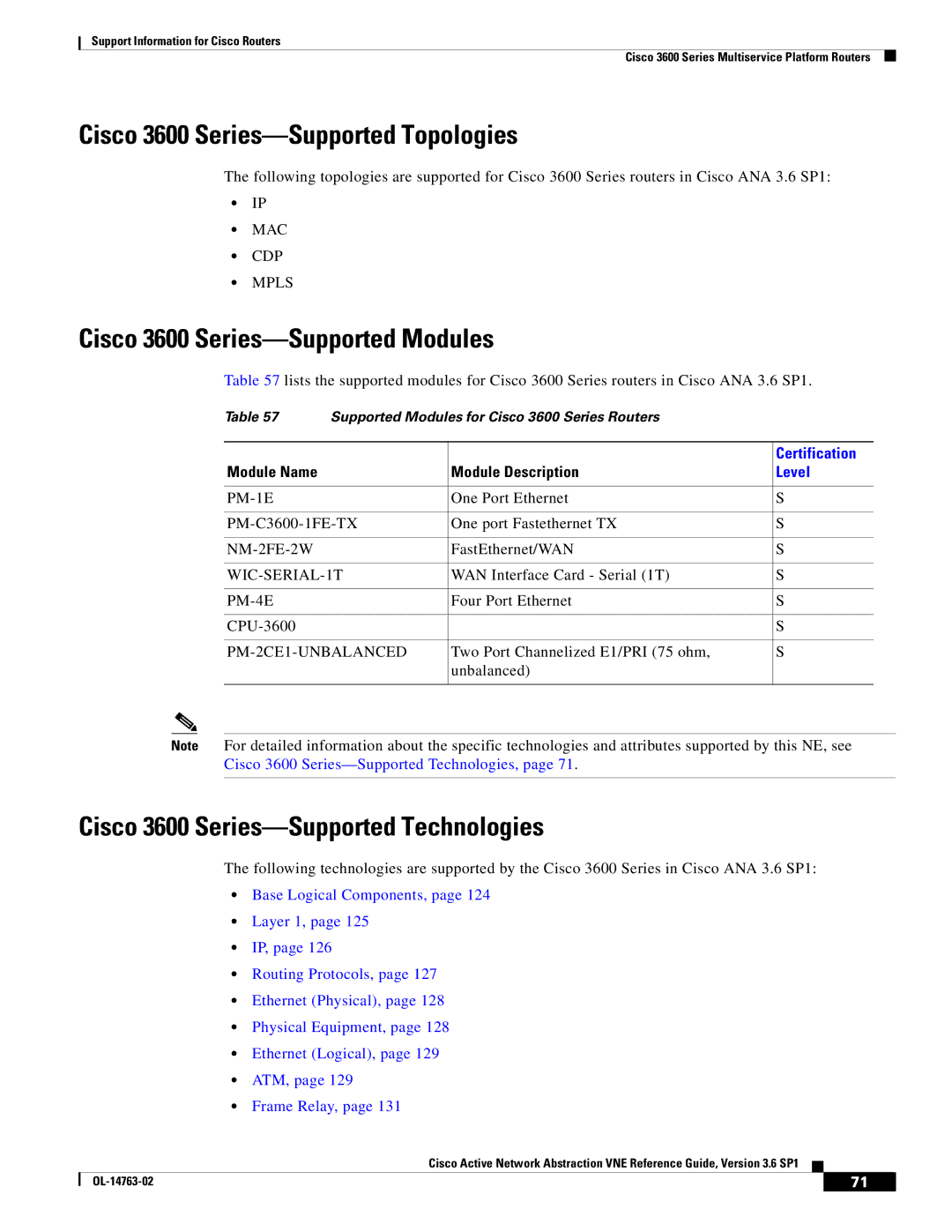 Cisco Systems OL-14763-02 manual Cisco 3600 Series-Supported Topologies, Cisco 3600 Series-Supported Modules 