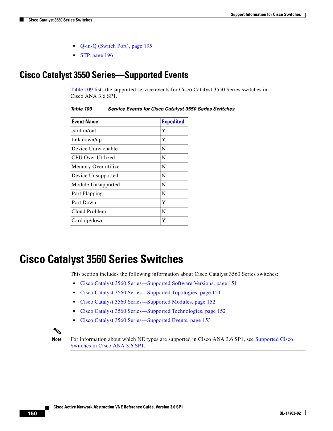 Cisco Systems OL-14763-02 manual Cisco Catalyst 3560 Series Switches, Cisco Catalyst 3550 Series-Supported Events, 150 