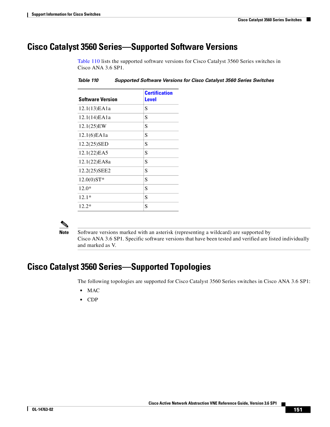 Cisco Systems OL-14763-02 manual Cisco Catalyst 3560 Series-Supported Software Versions, 151 