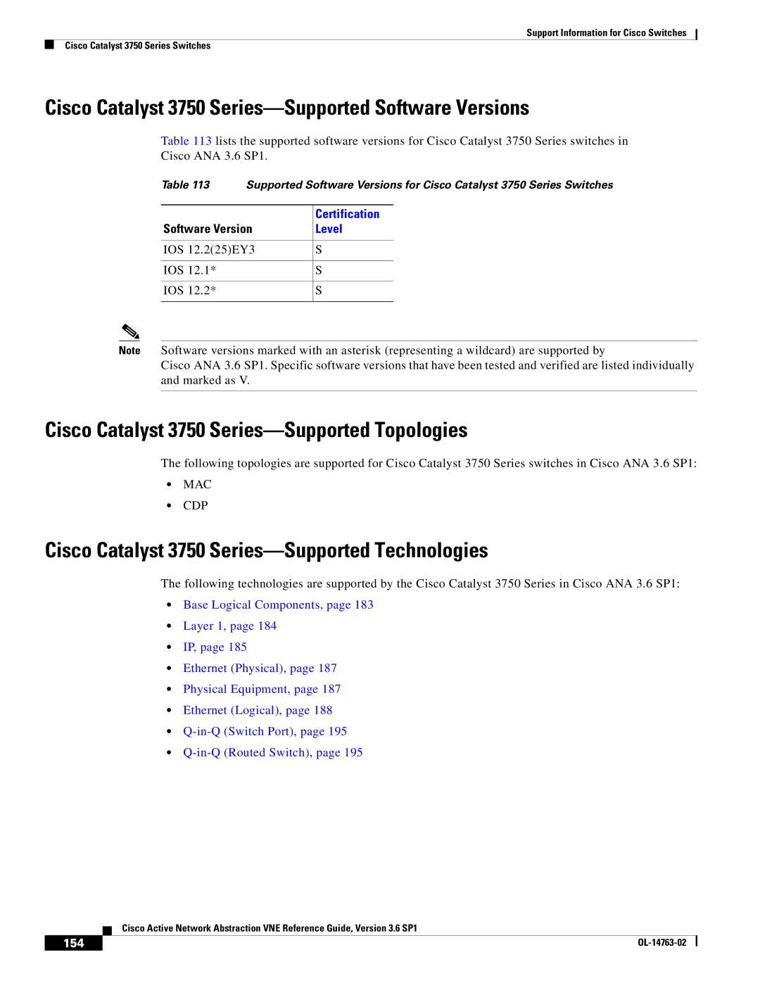 Cisco Systems OL-14763-02 manual Cisco Catalyst 3750 Series-Supported Software Versions, 154 