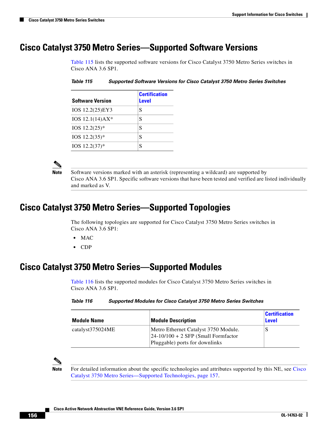 Cisco Systems OL-14763-02 manual Cisco Catalyst 3750 Metro Series-Supported Topologies, 156 