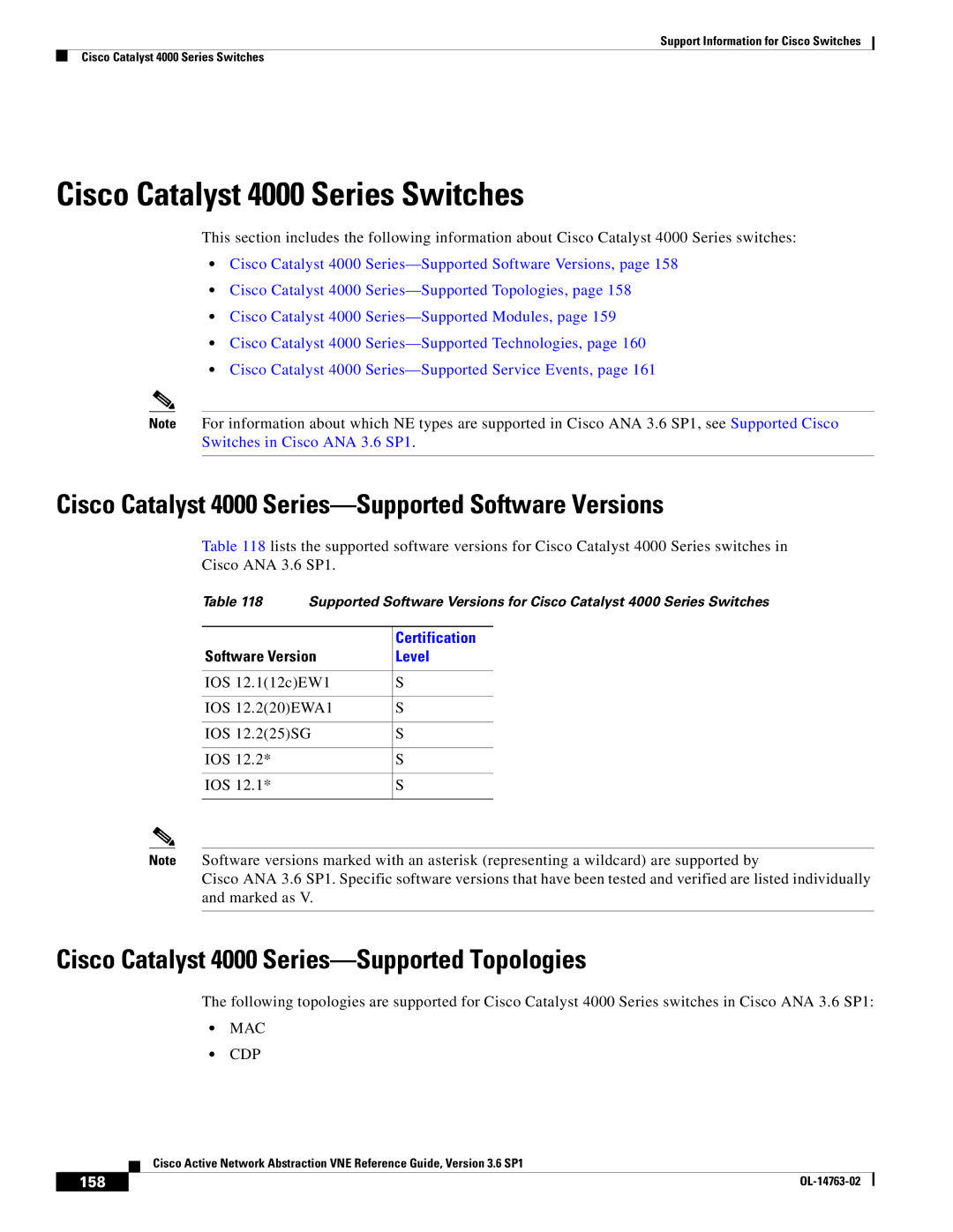 Cisco Systems OL-14763-02 Cisco Catalyst 4000 Series Switches, Cisco Catalyst 4000 Series-Supported Software Versions, 158 