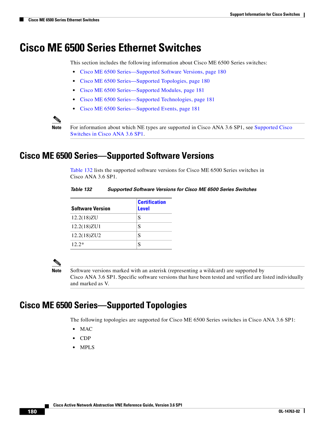 Cisco Systems OL-14763-02 Cisco ME 6500 Series Ethernet Switches, Cisco ME 6500 Series-Supported Software Versions, 180 