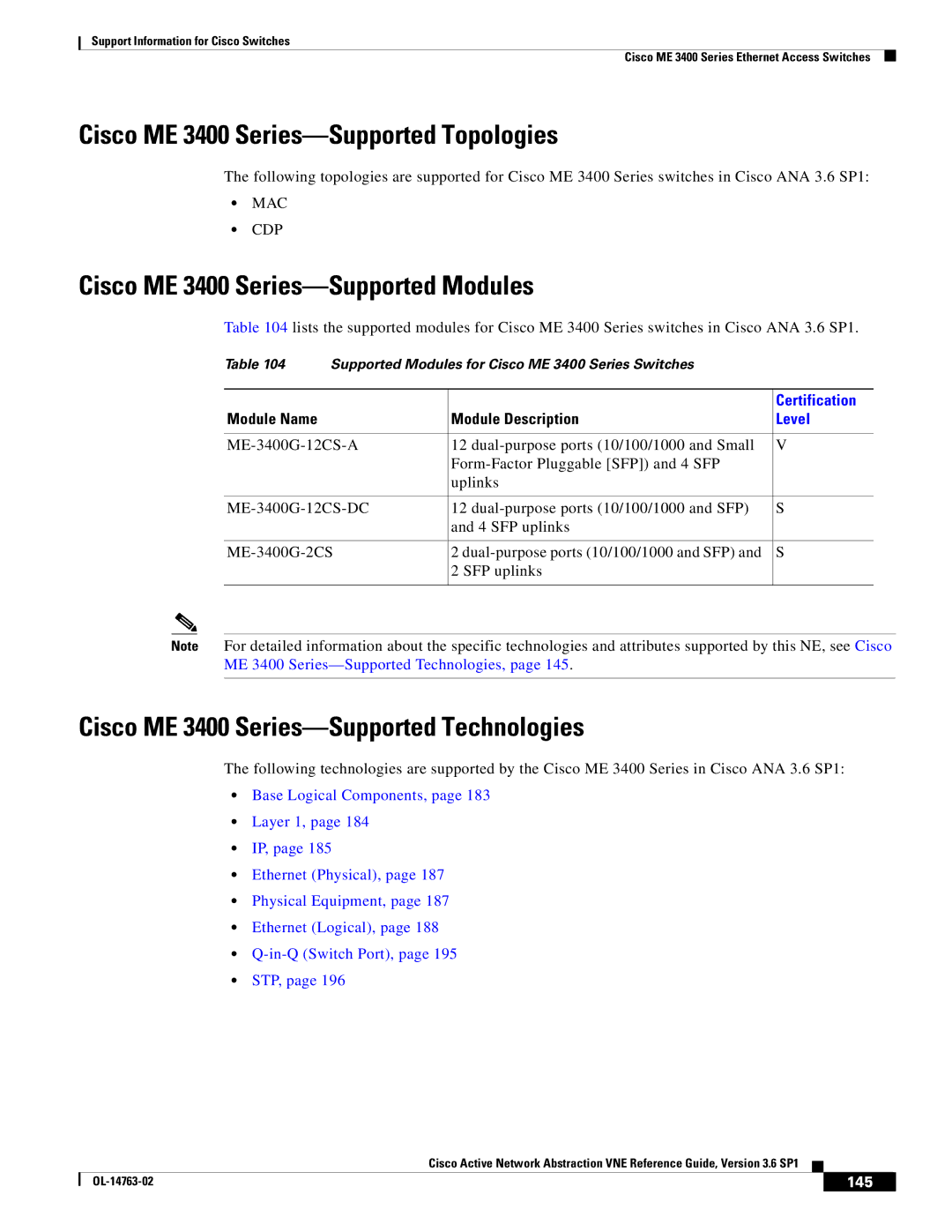 Cisco Systems OL-14763-02 manual Cisco ME 3400 Series-Supported Topologies, Cisco ME 3400 Series-Supported Modules, 145 