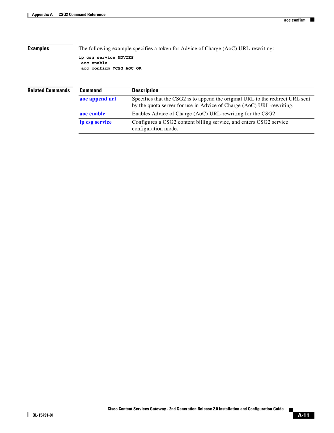 Cisco Systems OL-15491-01 appendix Aoc append url, Ip csg service Movies aoc enable Aoc confirm ?CSGAOCOK 