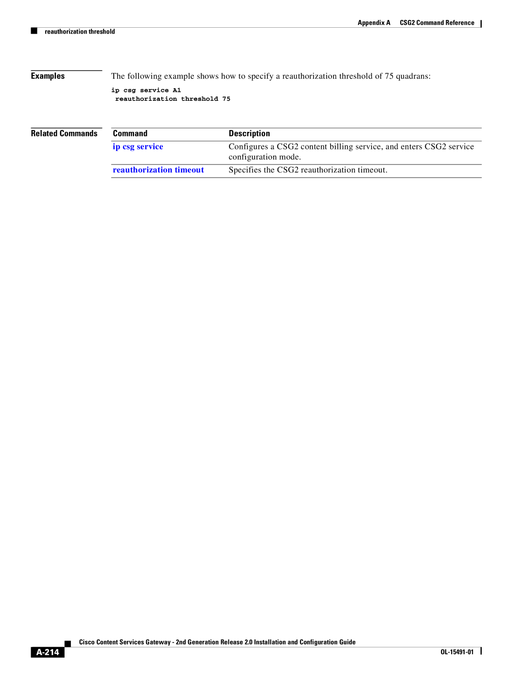 Cisco Systems OL-15491-01 appendix 214, Ip csg service A1 Reauthorization threshold 