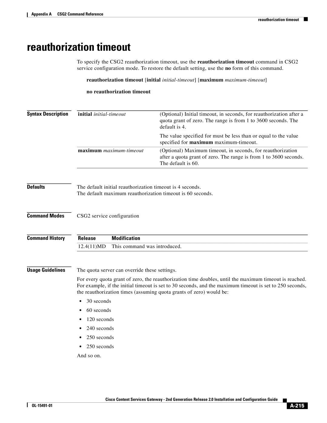 Cisco Systems OL-15491-01 appendix Reauthorization timeout, Default initial reauthorization timeout is 4 seconds, 215 