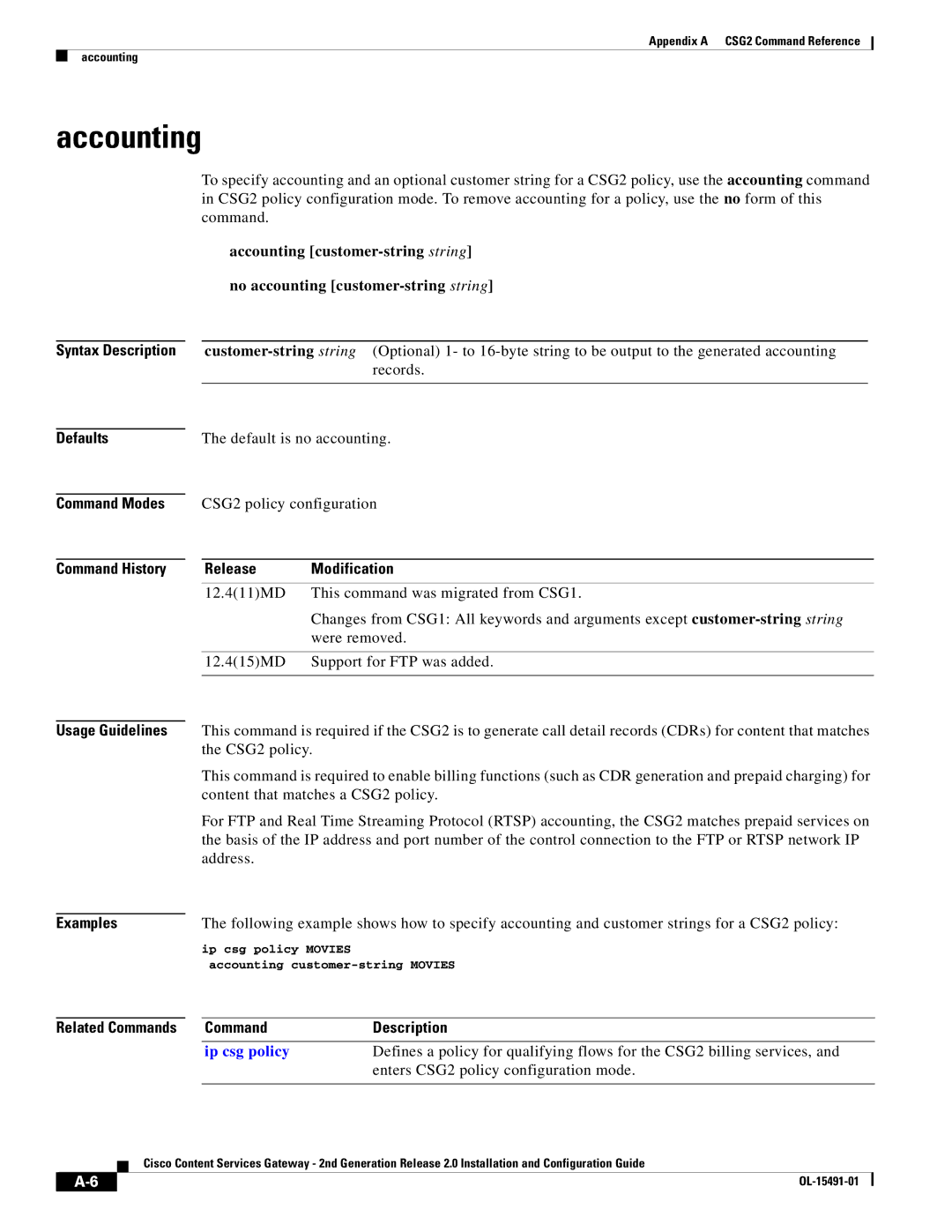 Cisco Systems OL-15491-01 appendix Accounting, Release Modification, Command Description, Ip csg policy 