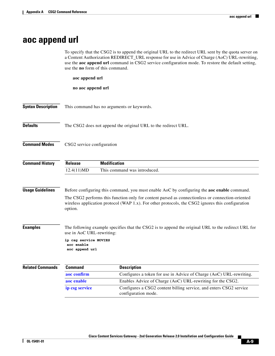 Cisco Systems OL-15491-01 appendix Aoc append url No aoc append url, Aoc confirm, Aoc enable 