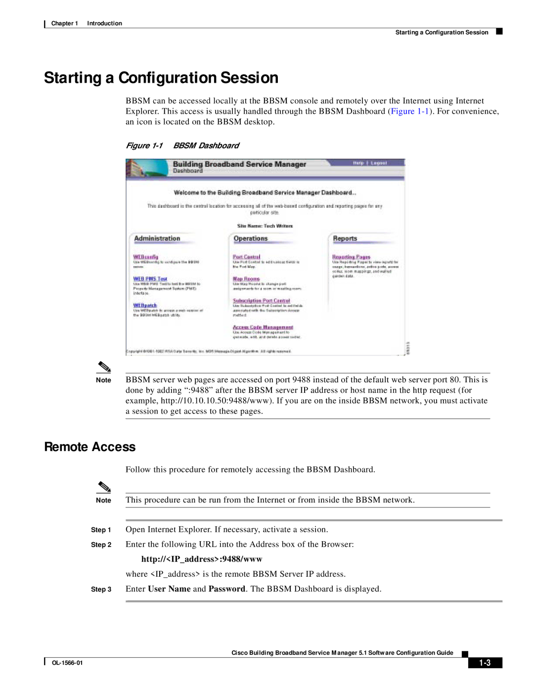 Cisco Systems OL-1566-01 user service Starting a Configuration Session, Remote Access, Http//IPaddress9488/www 