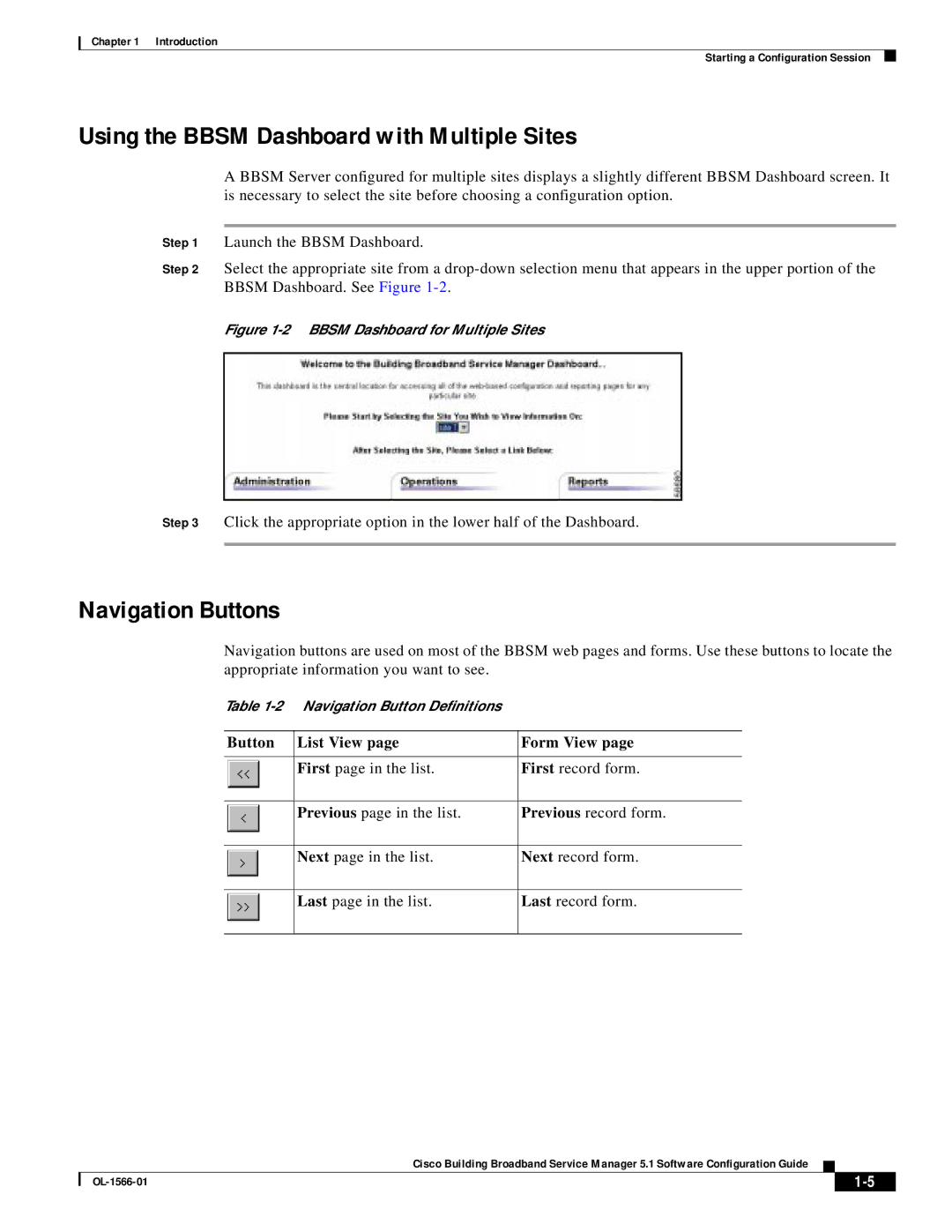 Cisco Systems OL-1566-01 user service Using the Bbsm Dashboard with Multiple Sites, Navigation Buttons 