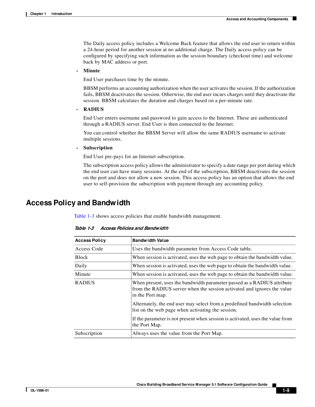 Cisco Systems OL-1566-01 user service Access Policy and Bandwidth, Minute, Subscription 