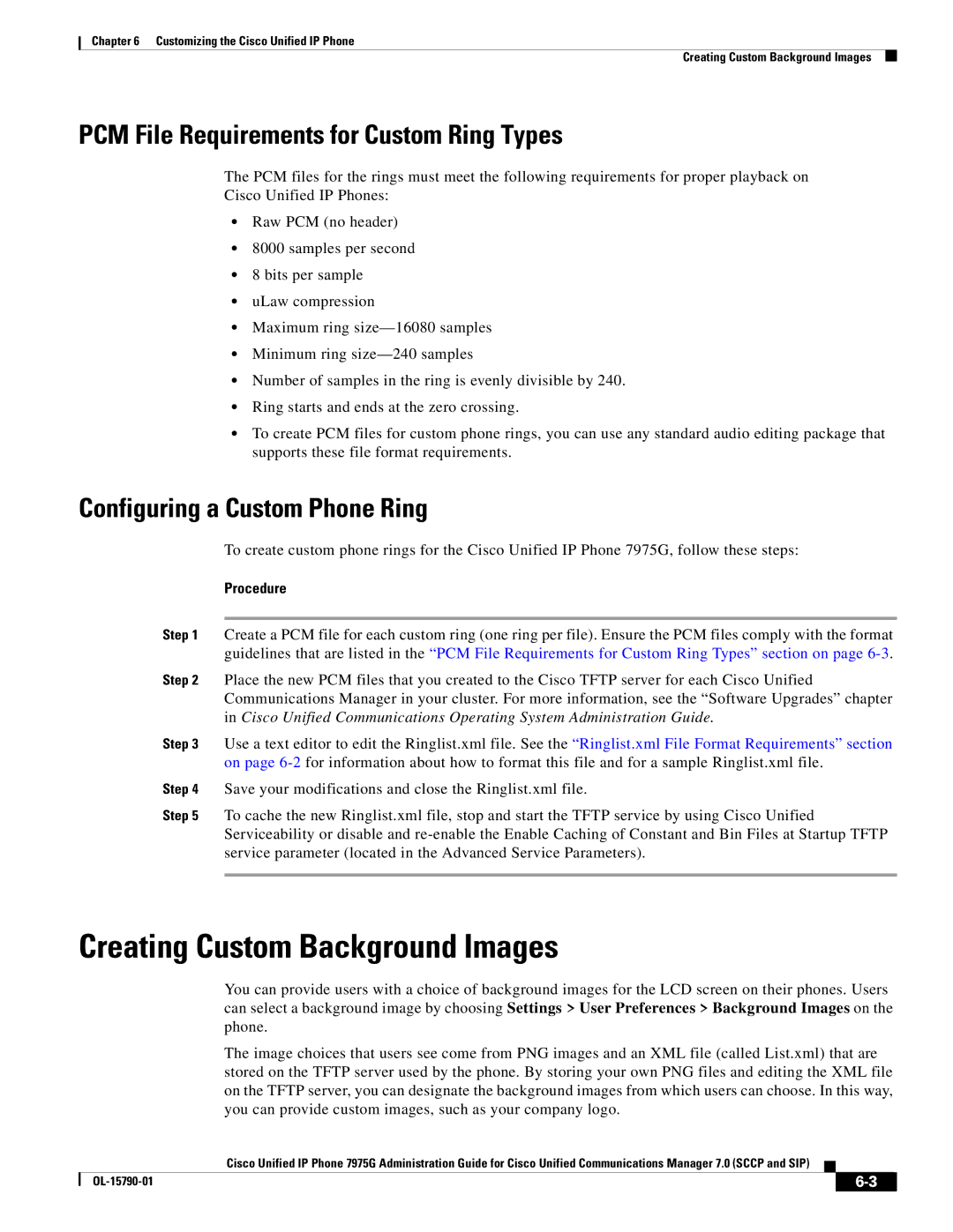 Cisco Systems OL-15790-01 manual Creating Custom Background Images, PCM File Requirements for Custom Ring Types, Procedure 