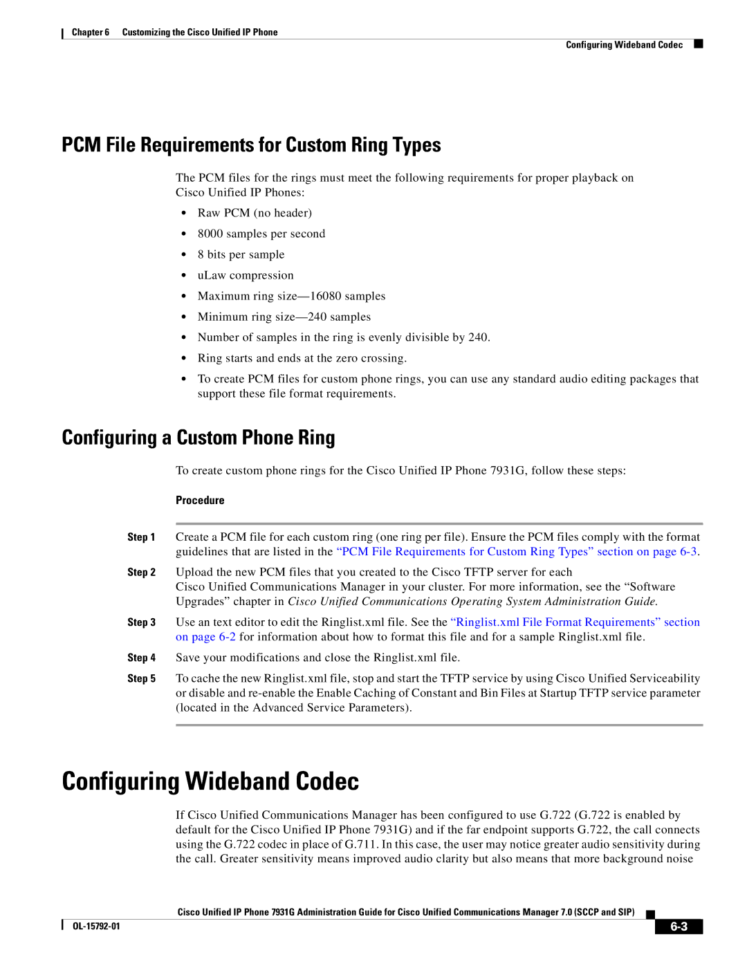 Cisco Systems OL-15792-01 manual Configuring Wideband Codec, PCM File Requirements for Custom Ring Types, Procedure 