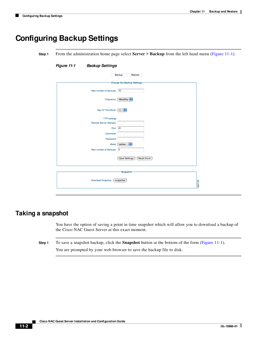 Cisco Systems OL-15986-01 manual Configuring Backup Settings, Taking a snapshot, 11-2 