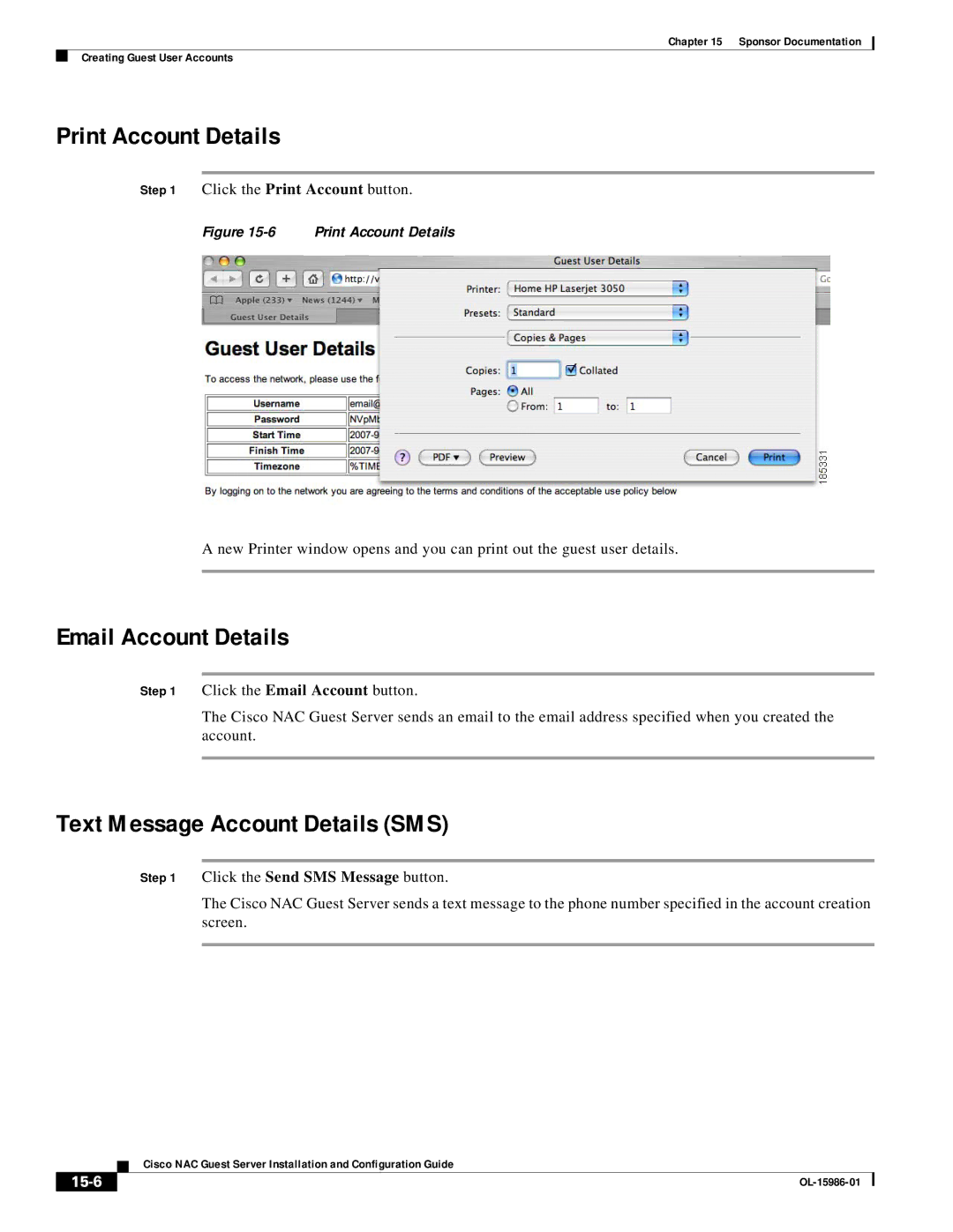 Cisco Systems OL-15986-01 manual Print Account Details, Email Account Details, Text Message Account Details SMS, 15-6 