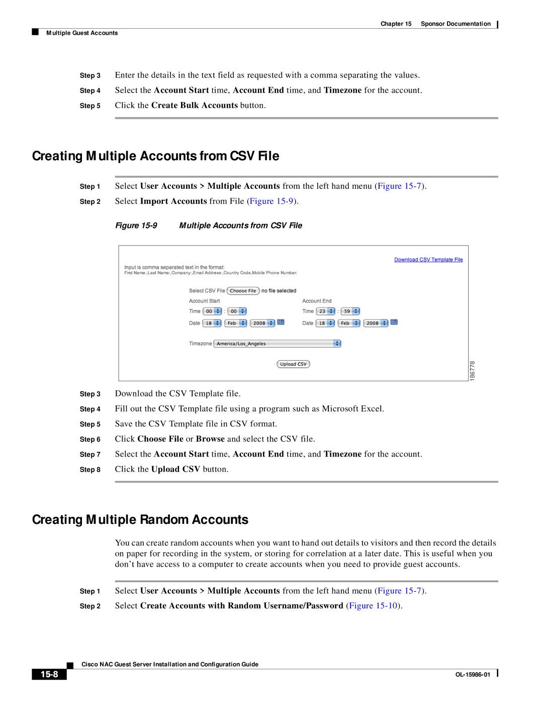 Cisco Systems OL-15986-01 manual Creating Multiple Accounts from CSV File, Creating Multiple Random Accounts, 15-8 