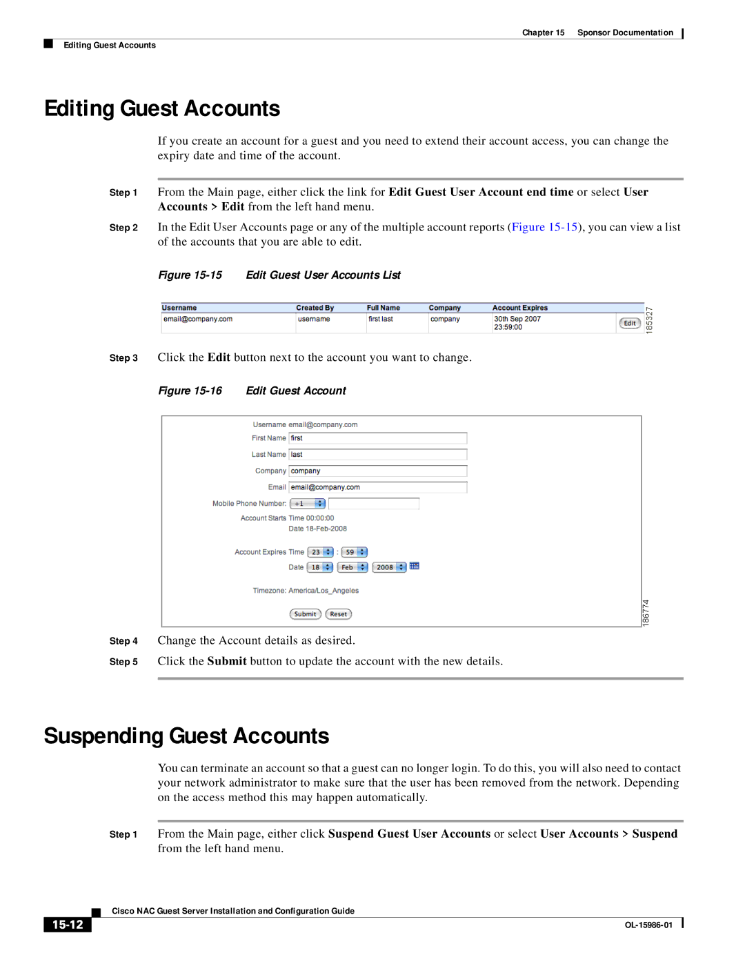 Cisco Systems OL-15986-01 manual Editing Guest Accounts, Suspending Guest Accounts, 15-12 