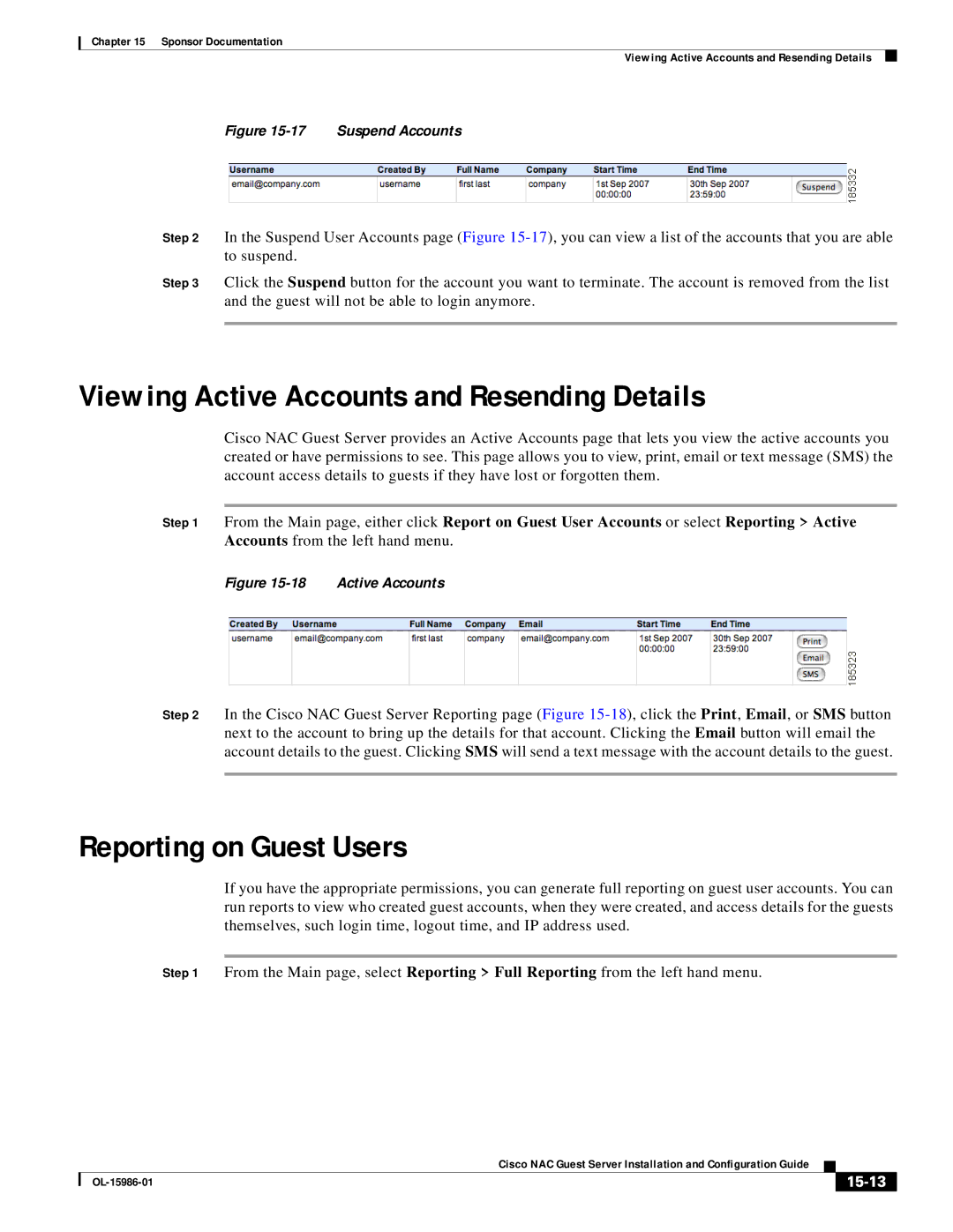 Cisco Systems OL-15986-01 manual Viewing Active Accounts and Resending Details, Reporting on Guest Users, 15-13 