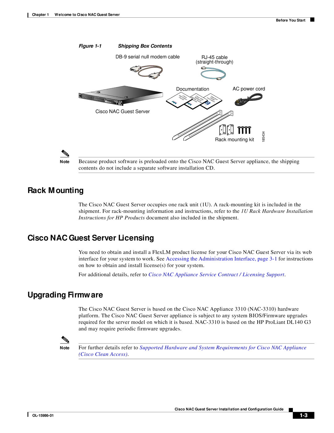 Cisco Systems OL-15986-01 manual Rack Mounting, Cisco NAC Guest Server Licensing, Upgrading Firmware 