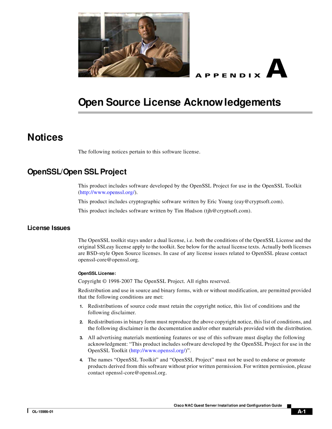 Cisco Systems OL-15986-01 manual Open Source License Acknowledgements, OpenSSL/Open SSL Project 