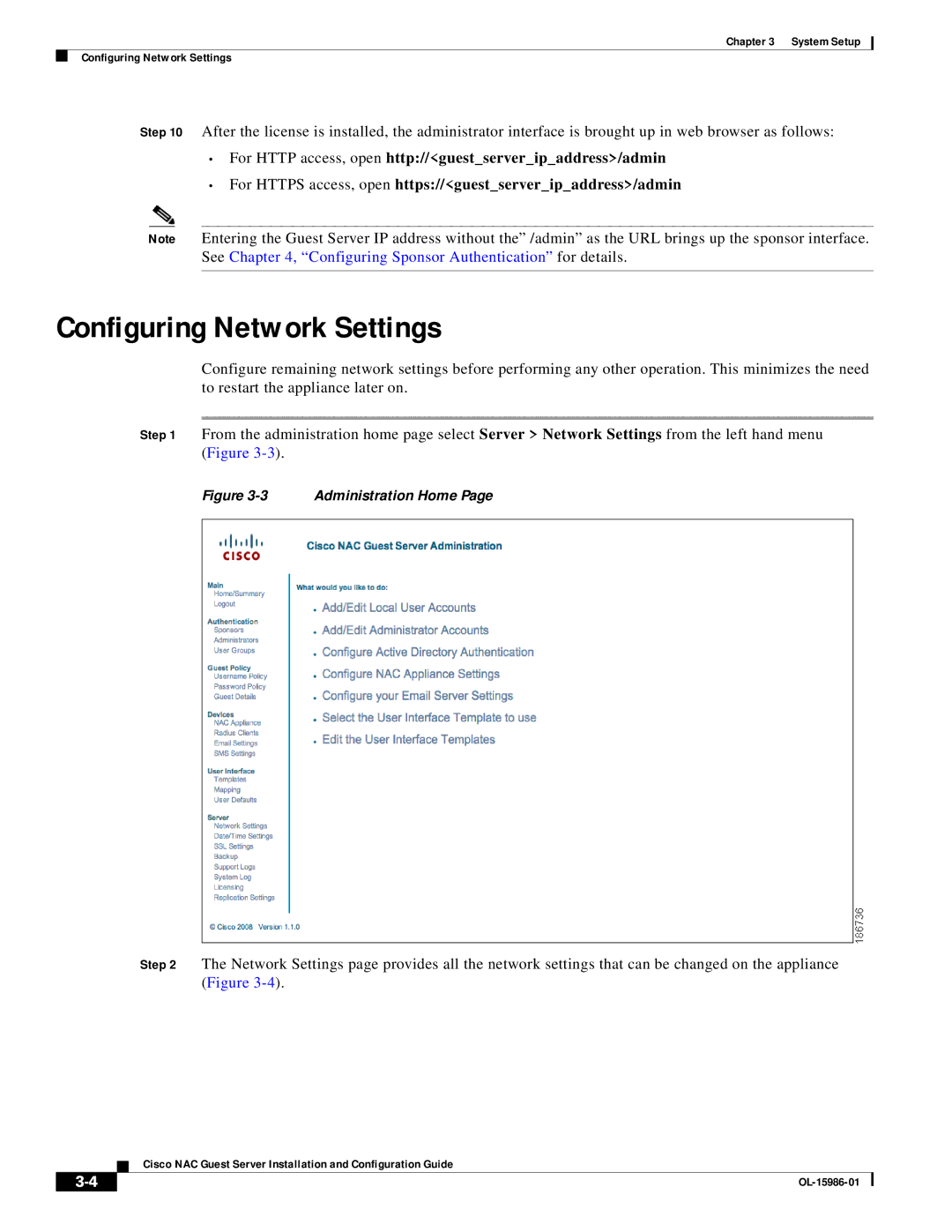 Cisco Systems OL-15986-01 manual Configuring Network Settings, Administration Home 