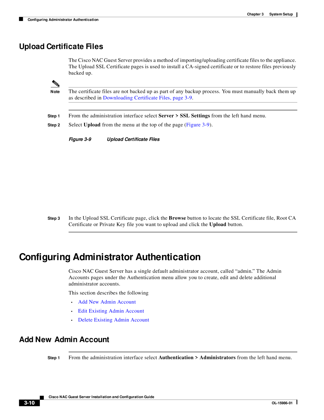 Cisco Systems OL-15986-01 manual Configuring Administrator Authentication, Upload Certificate Files, Add New Admin Account 