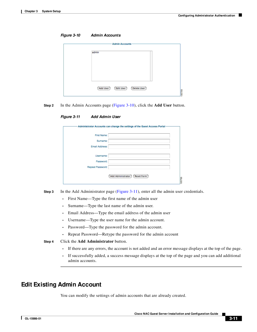 Cisco Systems OL-15986-01 manual Edit Existing Admin Account, Click the Add Administrator button 