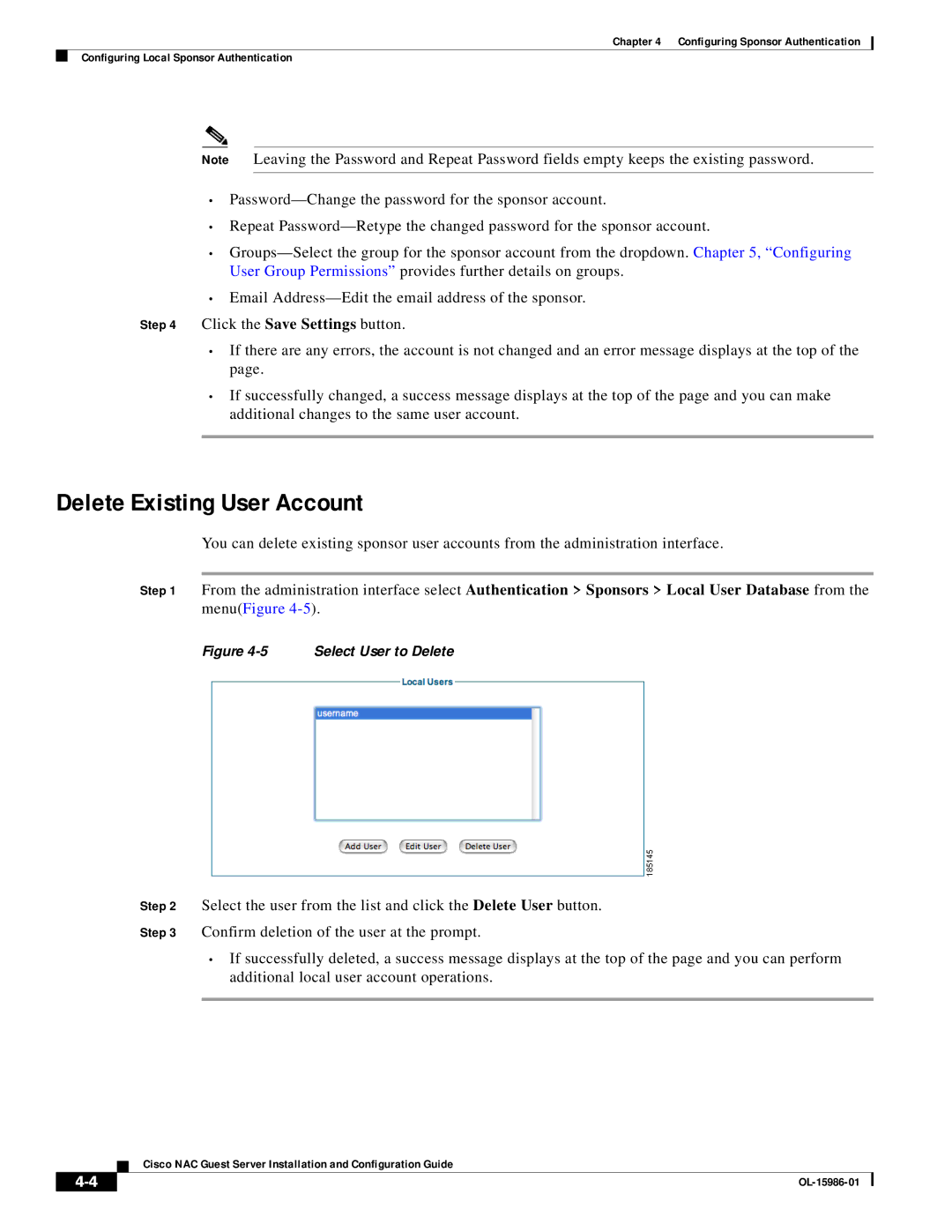 Cisco Systems OL-15986-01 manual Delete Existing User Account, Select User to Delete 