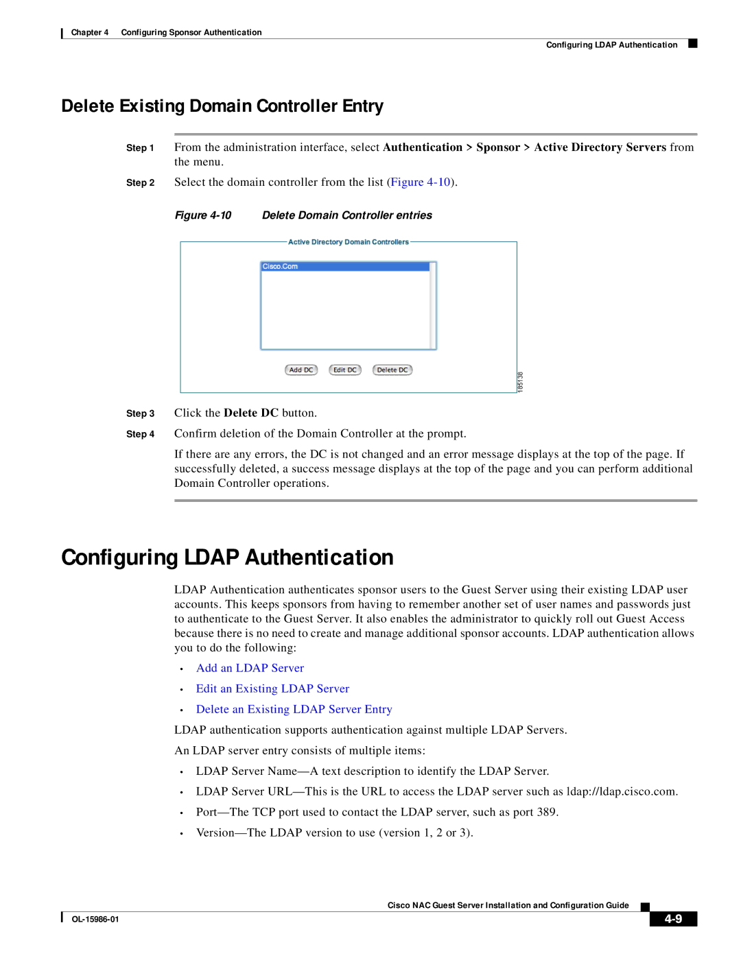 Cisco Systems OL-15986-01 manual Configuring Ldap Authentication, Delete Existing Domain Controller Entry 