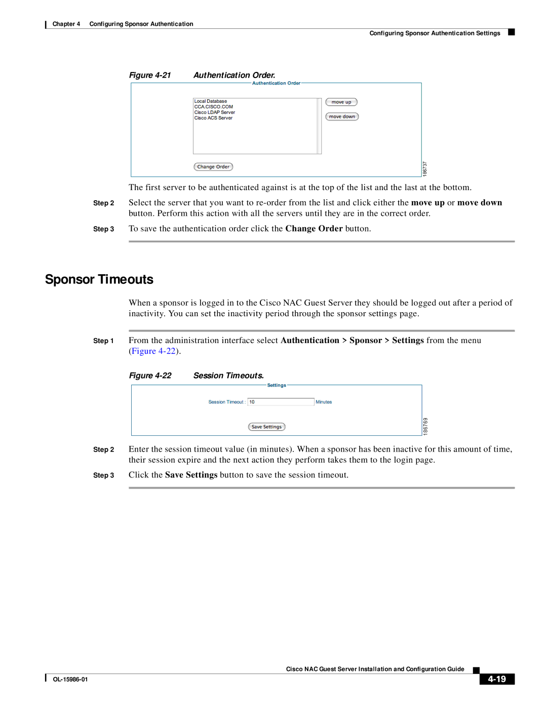 Cisco Systems OL-15986-01 manual Sponsor Timeouts, Authentication Order 