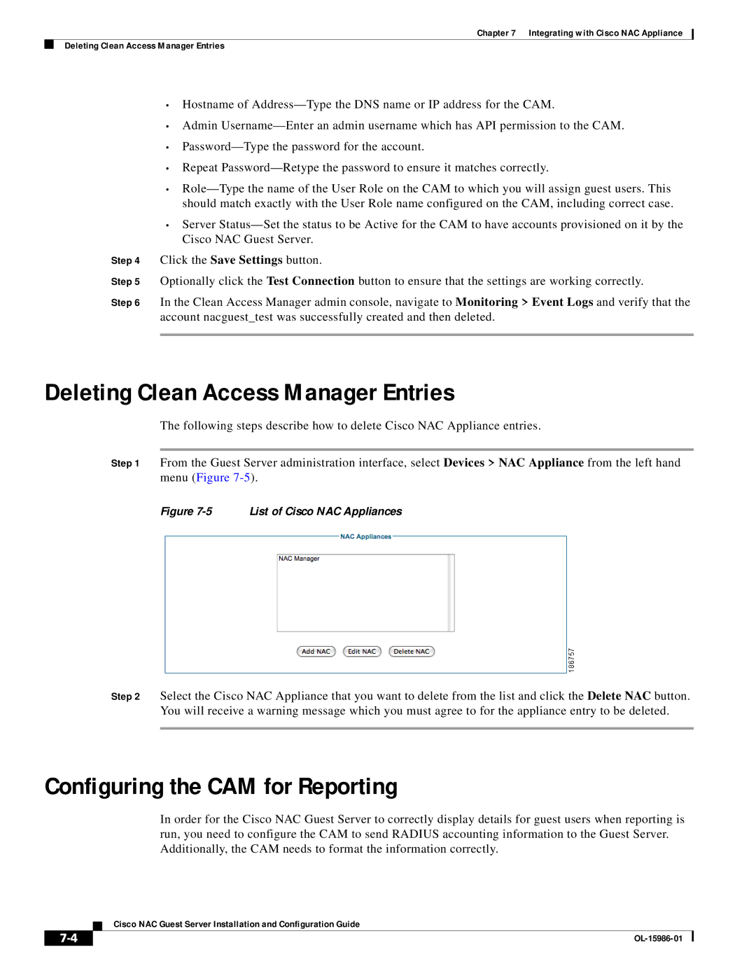 Cisco Systems OL-15986-01 manual Deleting Clean Access Manager Entries, Configuring the CAM for Reporting 