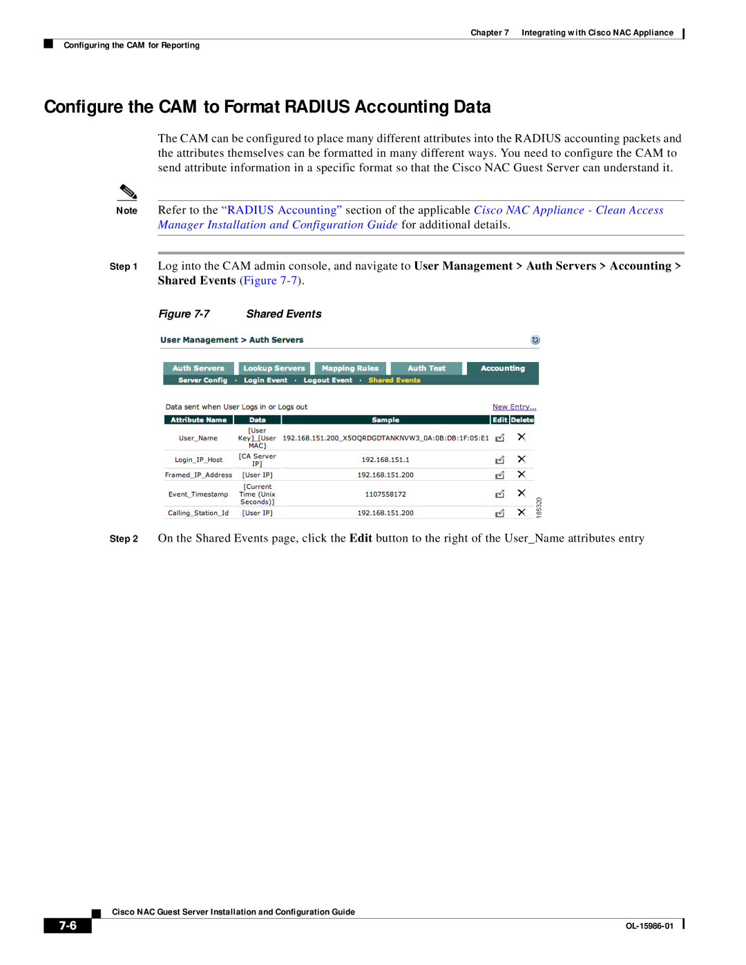 Cisco Systems OL-15986-01 manual Configure the CAM to Format Radius Accounting Data, Shared Events Figure 