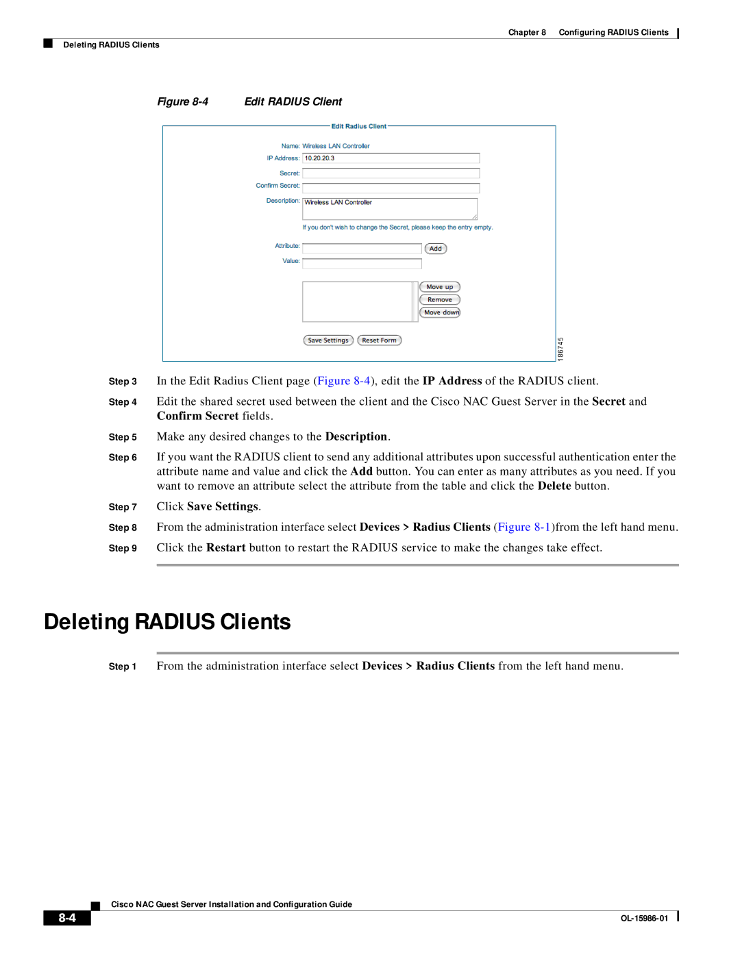Cisco Systems OL-15986-01 manual Deleting Radius Clients, Click Save Settings 