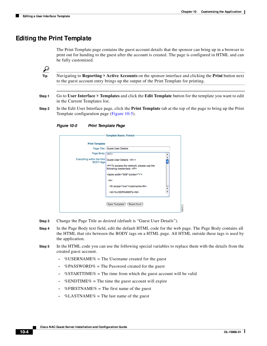 Cisco Systems OL-15986-01 manual Editing the Print Template, 10-4 