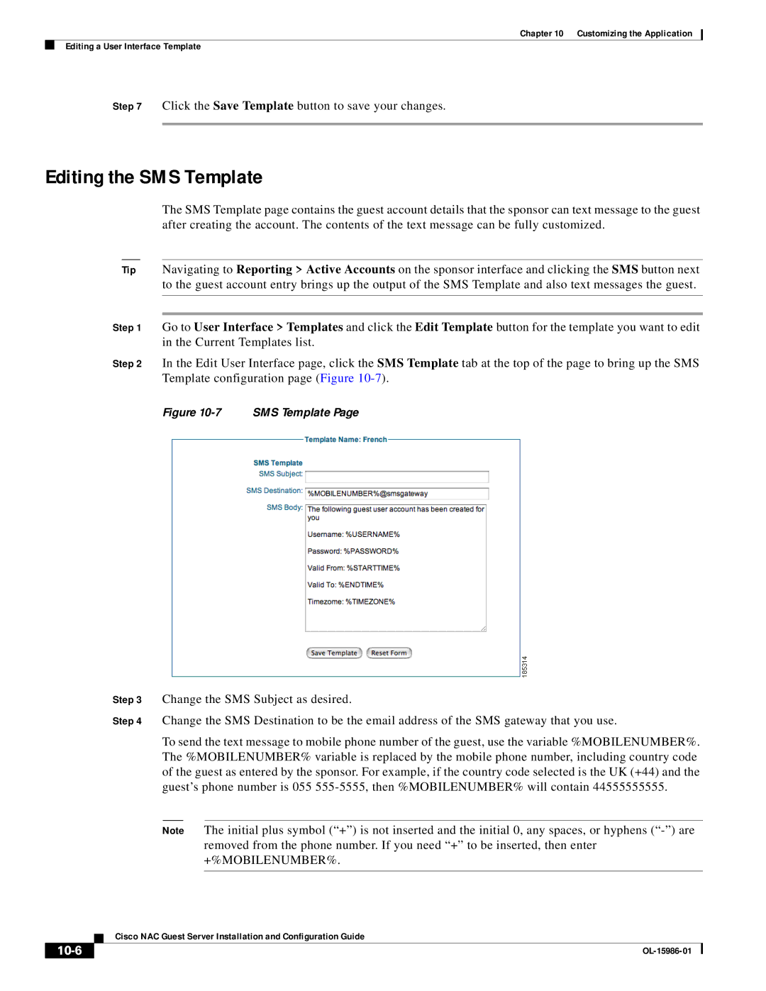 Cisco Systems OL-15986-01 manual Editing the SMS Template, 10-6 