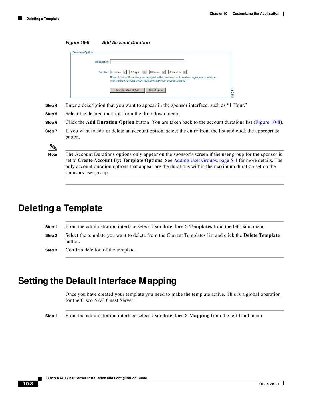 Cisco Systems OL-15986-01 manual Deleting a Template, Setting the Default Interface Mapping, 10-8 