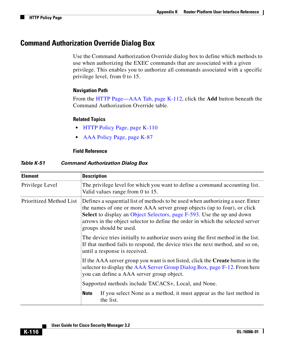 Cisco Systems OL-16066-01 appendix Command Authorization Override Dialog Box, Http Policy Page, page K-110, 116 