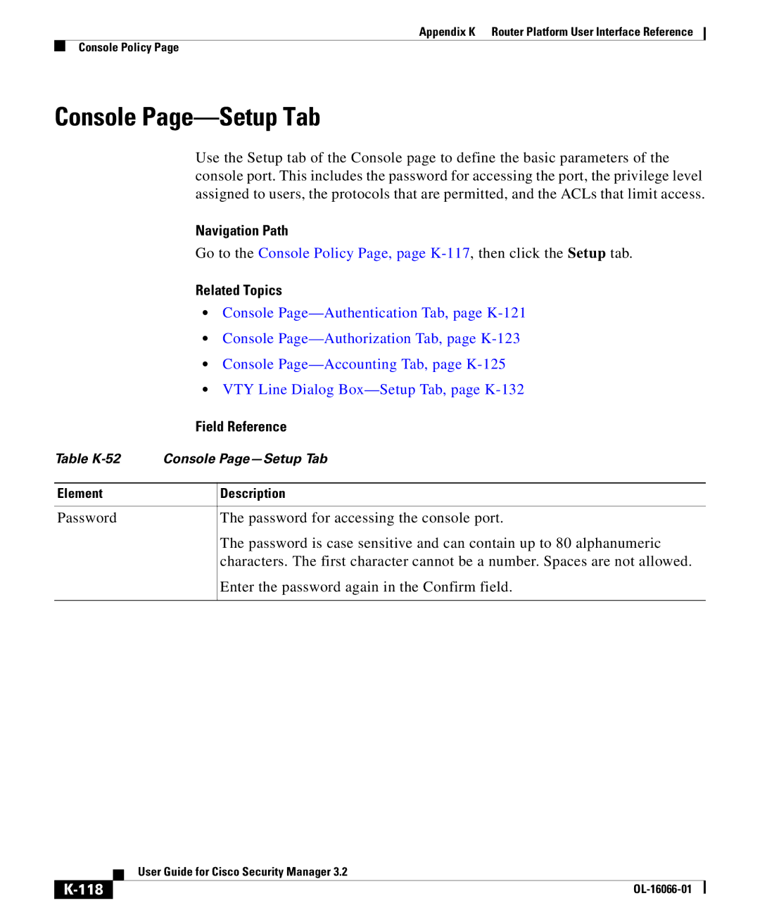 Cisco Systems OL-16066-01 appendix Console Page-Setup Tab, VTY Line Dialog Box-Setup Tab, page K-132, 118 