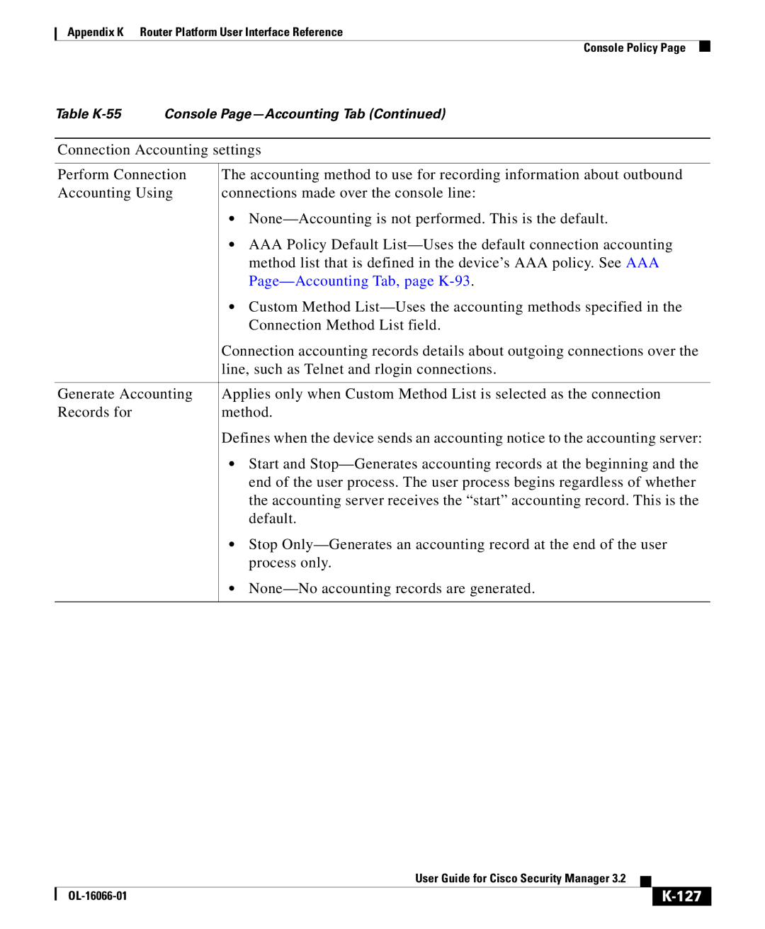 Cisco Systems OL-16066-01 appendix Page-Accounting Tab, page K-93, 127 