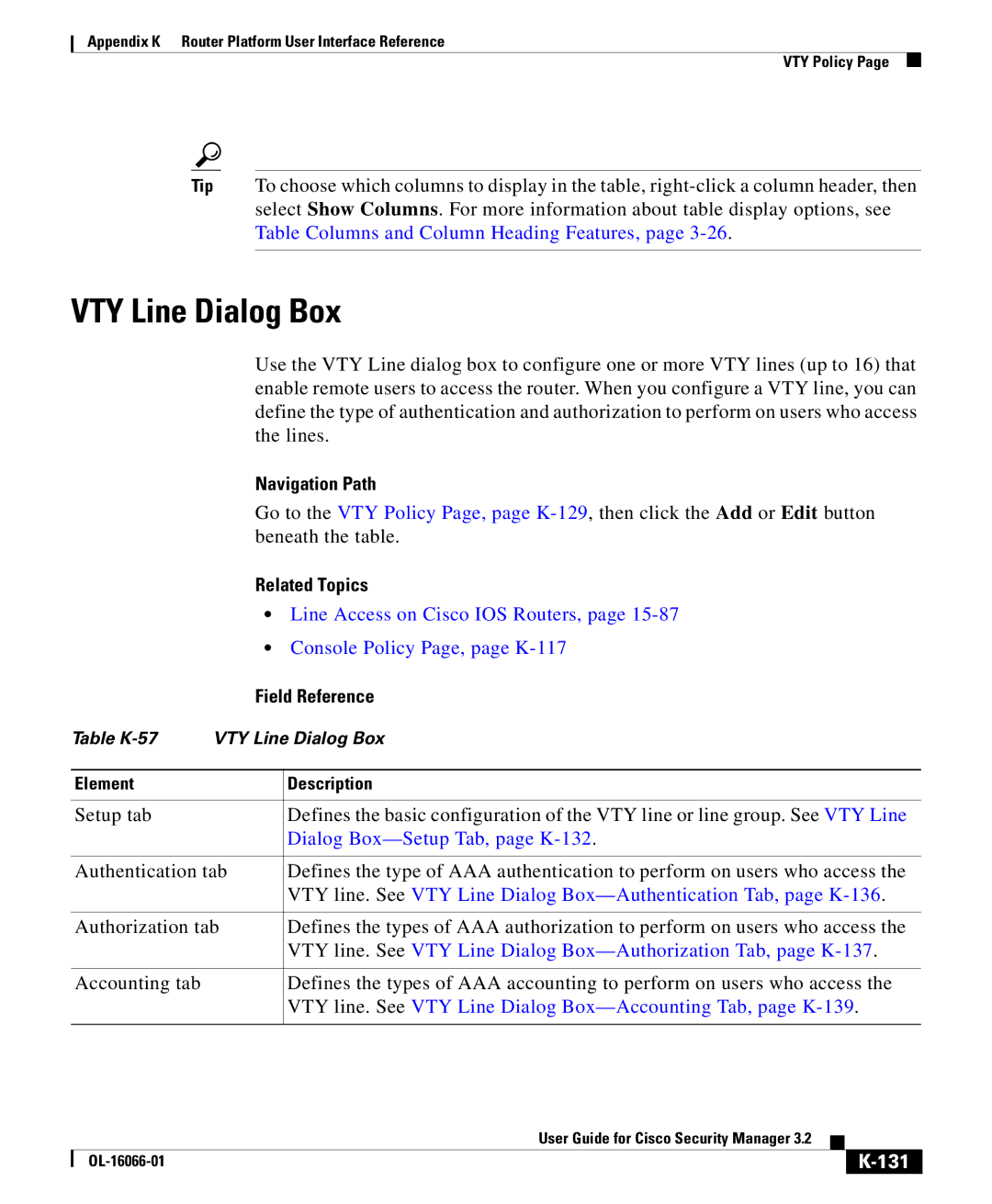 Cisco Systems OL-16066-01 VTY Line Dialog Box, Line Access on Cisco IOS Routers, Dialog Box-Setup Tab, page K-132, 131 