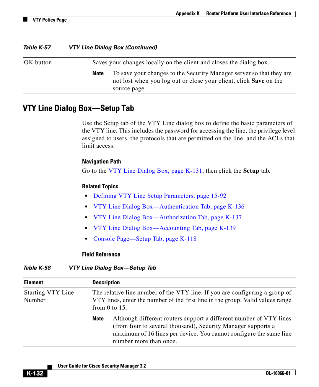 Cisco Systems OL-16066-01 appendix VTY Line Dialog Box-Setup Tab, Defining VTY Line Setup Parameters, 132 