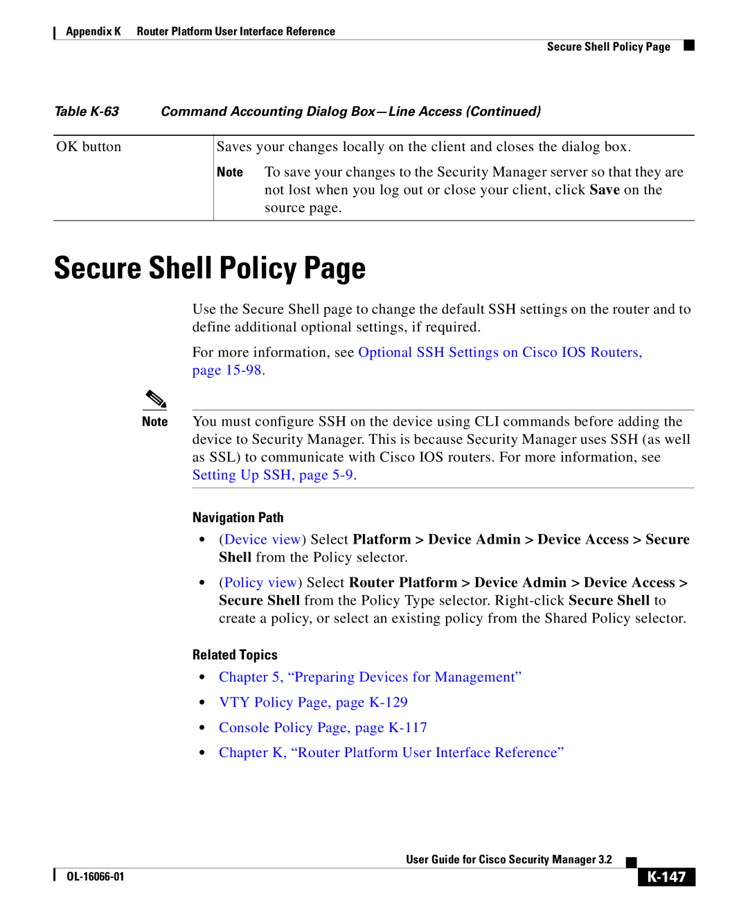 Cisco Systems OL-16066-01 appendix Secure Shell Policy, 147 