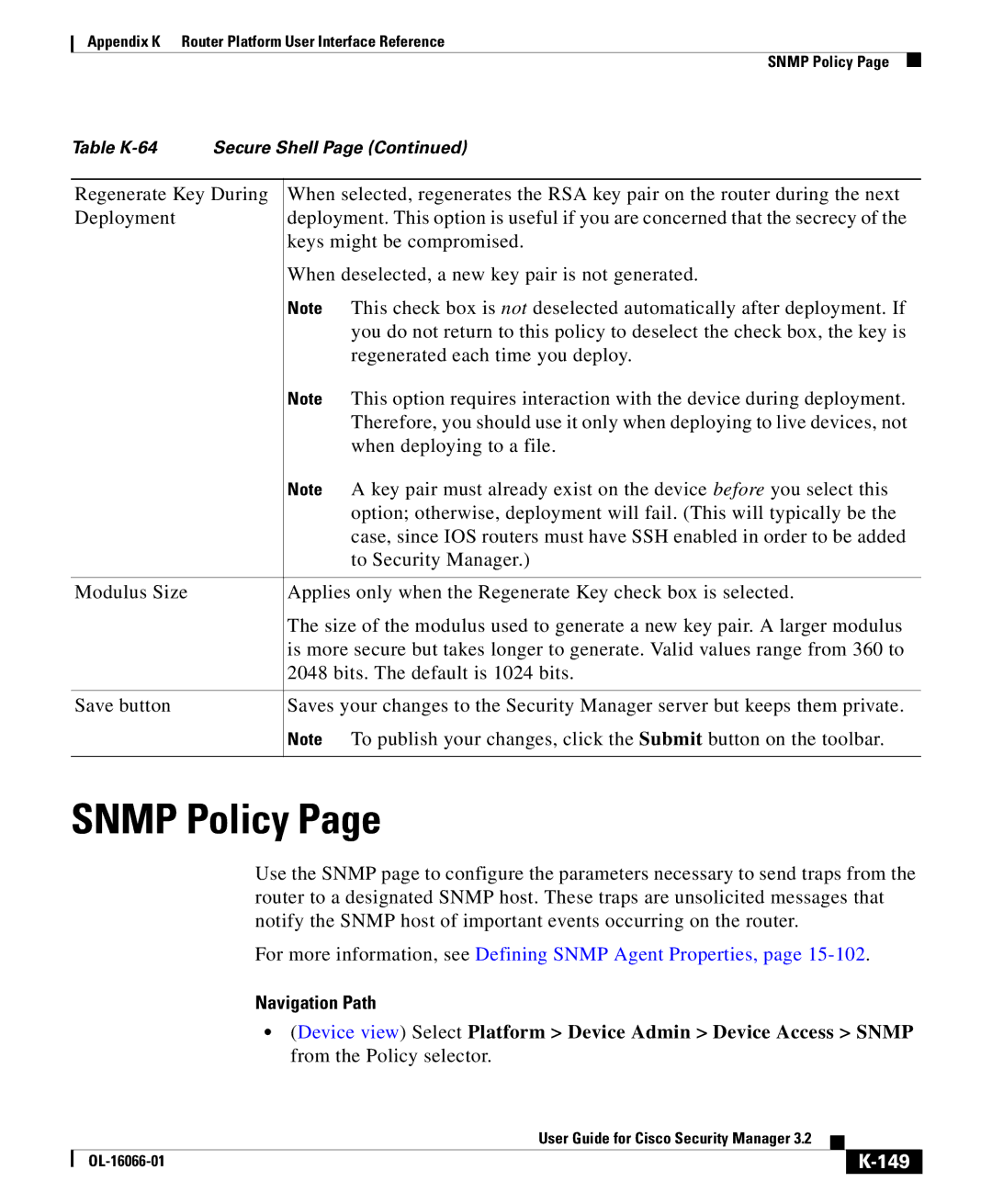 Cisco Systems OL-16066-01 appendix Snmp Policy, For more information, see Defining Snmp Agent Properties, 149 