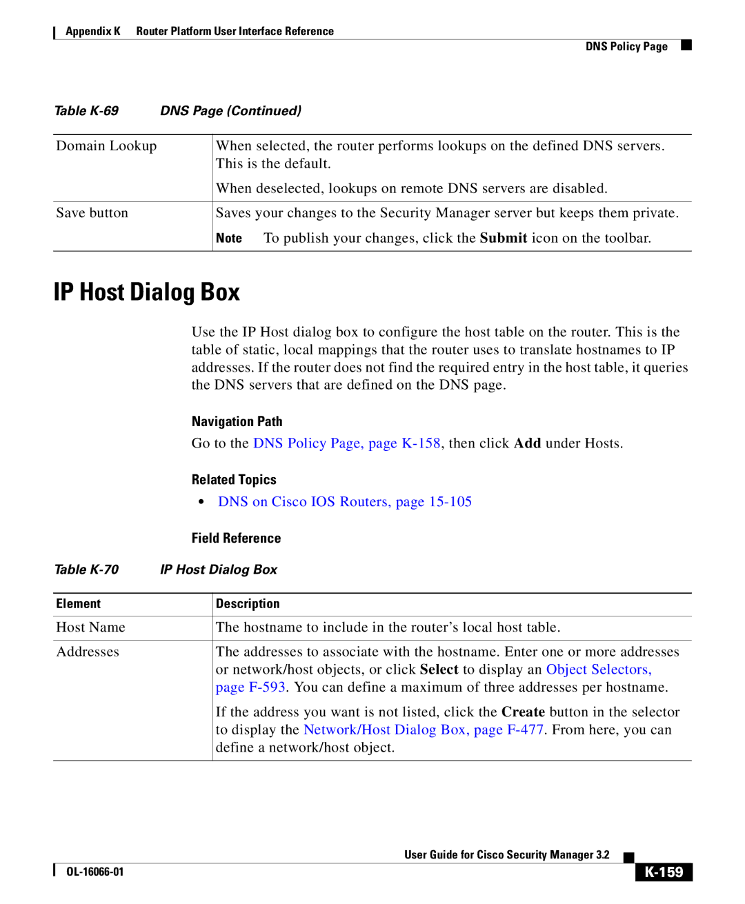 Cisco Systems OL-16066-01 appendix IP Host Dialog Box, DNS on Cisco IOS Routers, 159 