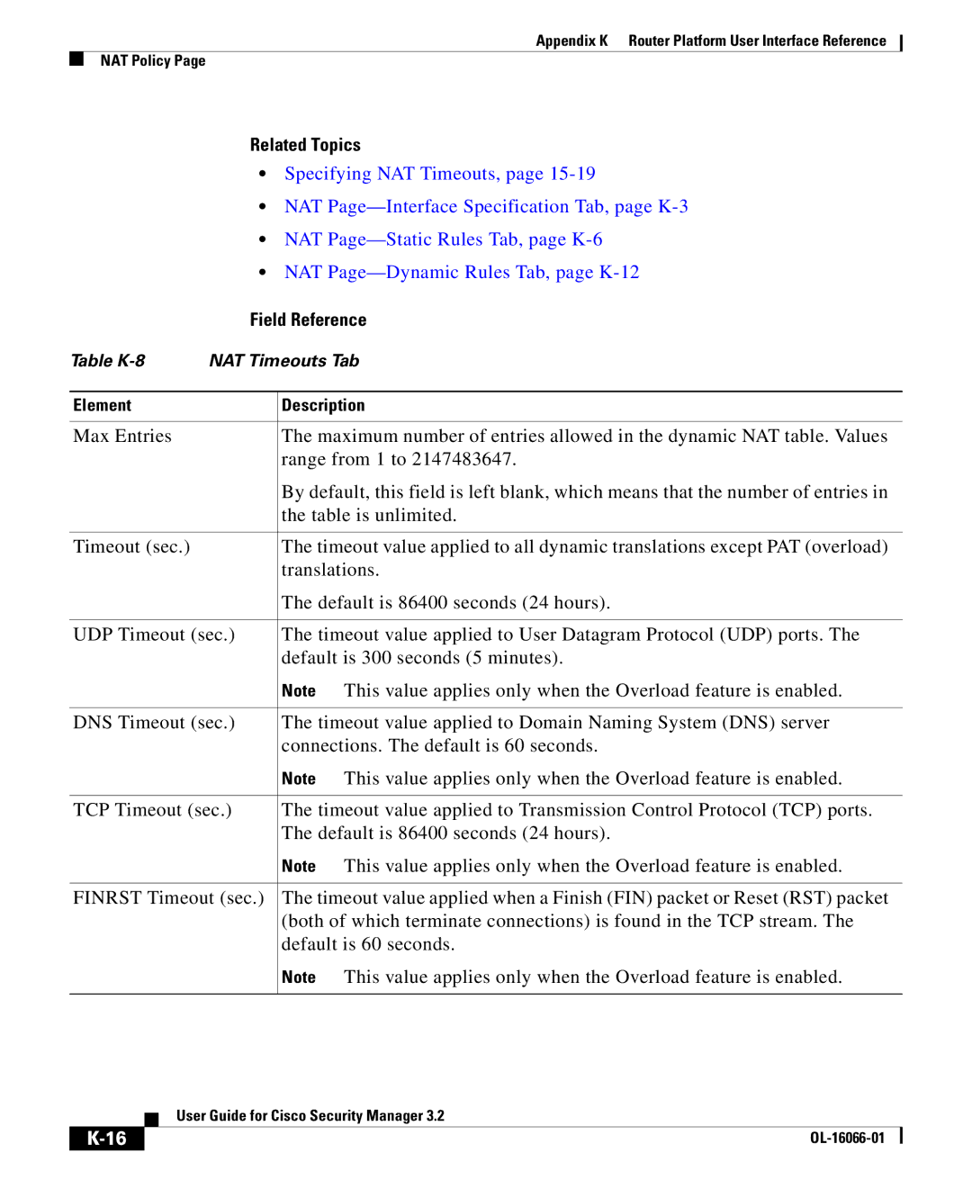 Cisco Systems OL-16066-01 appendix Specifying NAT Timeouts, NAT Page-Interface Specification Tab, page K-3 