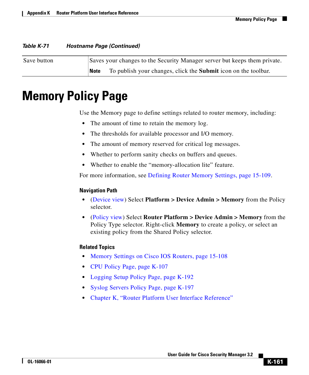 Cisco Systems OL-16066-01 appendix Memory Policy, For more information, see Defining Router Memory Settings, 161 